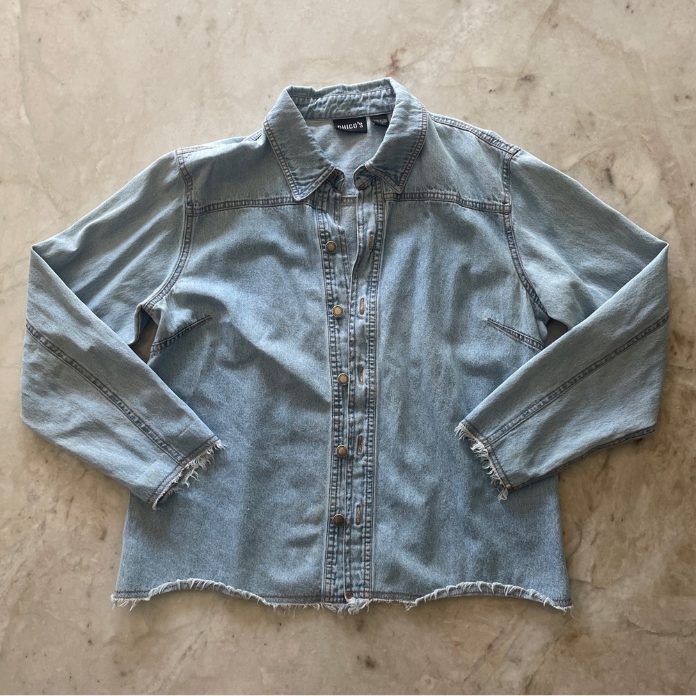 Light wash blue denim button up shirt